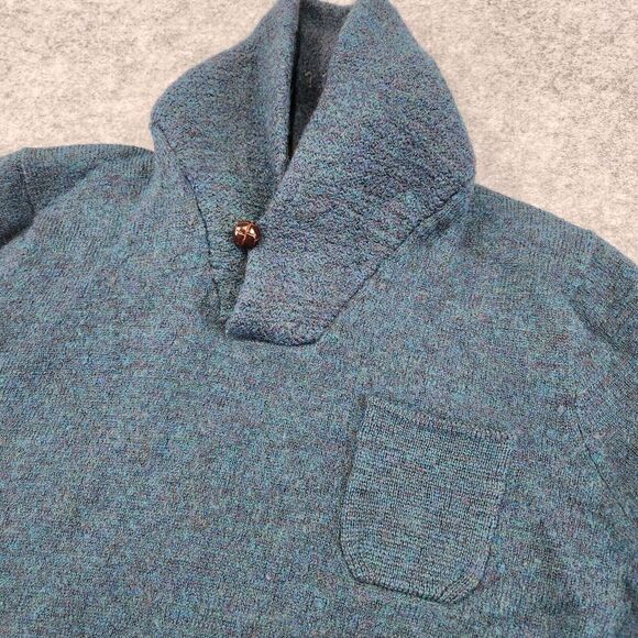 J Crew Women Merino Wool Slim Blue Shawl Collar Leather Elbow Patch Sweater READ - Picture 5 of 12